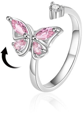 GUVYATI 1 Stück Anti-Angst-Drehring mit Schmetterling aus Weißgold: Verstellbarer Zirkonia-Schmetterlingsring für Damen, Geschenk für Frauen, Teenager und Mütter