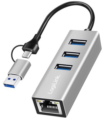 LogiLink UA0440 - Adaptador USB-C 3.2 Gen 1 a 5G Ethernet RJ45 Adaptador con 3 Puertos USB-A adicionales