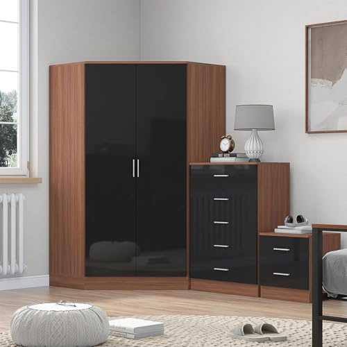 Reflect 2 Door Corner Wardrobe, 5 Drawer Tallboy Chest, 2 Drawer Bedside Table | Black Gloss & Walnut Finish | Modern Bedroom Furniture Set