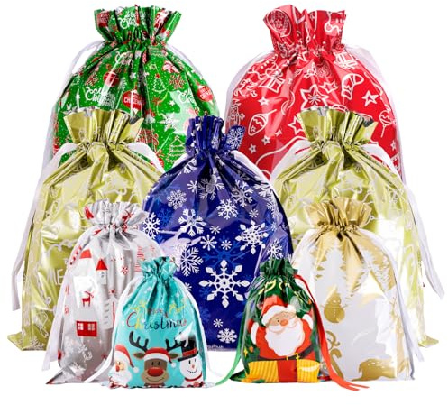 G2PLUS Große Folie Weihnachten Geschenkbeutel mit Kordelzug: 20 Stk | Zugbeutel Weihnachten, Schneeflocke Beutel in 4 Größen für Festliche Geschenken Verpackung und Dekoration