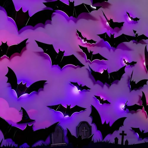 ALEGRE® Halloween Deko,12 Stk 3D Fledermaus Deko Led Lichter Halloween Sticker,Lila Leuchtende Fledermaus Wandaufkleber mit 10 Verschiedenen Größen,Helloween Led Fledermäuse Deko für Fenster,Tür,Wand