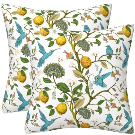 GAAFOSIPH Set of 2 Cushion Covers 45 x 45 cm Garden Floral Double Sided Pattern Kingfisher Lemon Blossom Tree Throw Pillow Case Home Decor for Sofa Bed Bench Couch