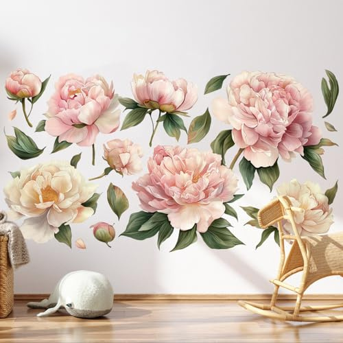 Stickers Muraux Animaux de la Jungle Arbre Fleurs de Cerisier Floral Branche Arbre Oiseaux Autocollants Muraux Décoration Murale Salon Chambre (Pivoine Rose)