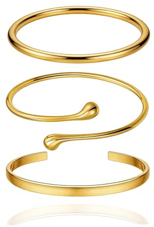 XSJIJKAG 3er Set Armreif Gold Damen – Vergoldet Edelstahl Armband Gold Verstellbar – Minimalistischer Schmuck Armreifen Damen – Edles Armbänder Set für Frauen & Alltag