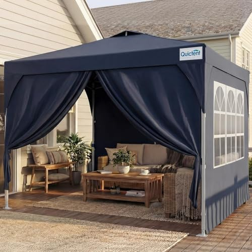 Quictent Carpa Plegable 3x3m con 3 Paredes Laterales Extraíbles, Tienda de Toldo con Cerradura Central, Refugio Portátil para Fiestas de Jardín y Camping, Azul Oscuro