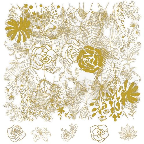 50 Stück Goldene Blume Sticker, Fantasy Aesthetic Aufkleber für Scrapbook, Journal, Fotoalbum & Laptop, Wasserdichte transparente PET Decals für Kühlschrank, Planer, Koffer & Skateboard