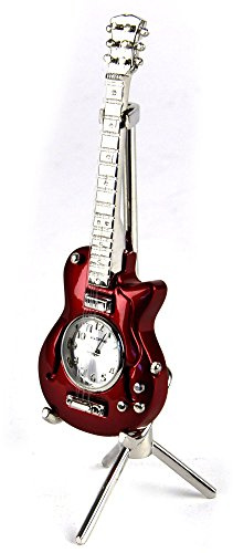 Miniature Ornamental Guitar Novelty Red Tone Collectors Clock on Stand 9029