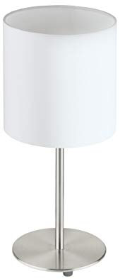 EGLO Tischlampe Pasteri, 1 flammige Textil Tischleuchte, Nachttischlampe aus Stahl und Stoff, Farbe: Nickel matt, weiß, Fassung: E27, inkl. Schalter, H: 40 cm