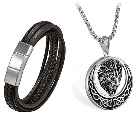 Aroncent 2PCS Herren Schmuck-Set (Halskette + Armband), Edelstahl Löwe Irischen Keltisch Knoten Anhänger mit 56cm Kette und geflochten Weizenkette Leder Armband, Schwarz Silber