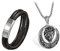 Aroncent 2PCS Herren Schmuck-Set (Halskette + Armband), Edelstahl Löwe Irischen Keltisch Knoten Anhänger mit 56cm Kette und geflochten Weizenkette Leder Armband, Schwarz Silber