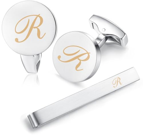 HONEY BEAR manschettenknöpfe & krawattennadel Krawattenklammer Set Initialen Buchstabe Herren Hochzeit Cufflinks Manschettenknopf Silber, 5.4cm (R)