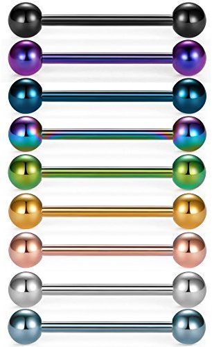 Vcmart 9pcs Titanio anodizzato Acciaio Chirurgico Lingua Barre Piercing capezzolo 14 Calibro 12-16mm