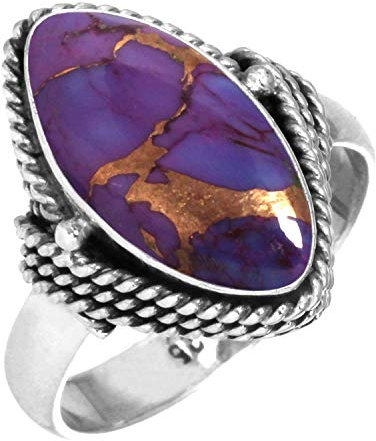 Jeweloporium Bague en argent et cuivre turquoise violet, taille 65,5, bague en argent sterling 925 pour femme, bijou fait main avec pierres précieuses marquise