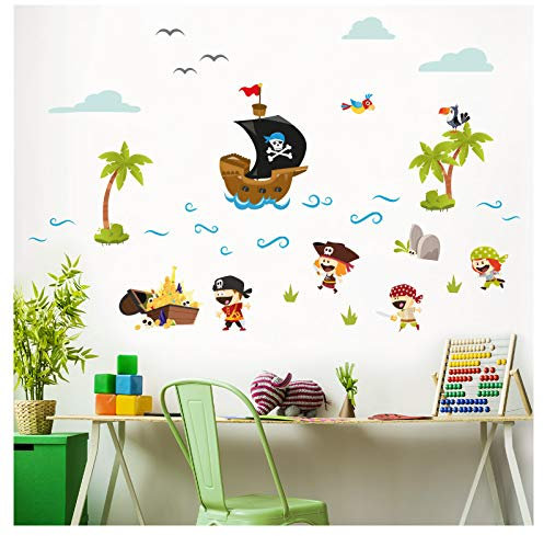 Little Deco Aufkleber Piraten Schiff & Schatz I Wandbild L - 124 x 78 cm (BxH) I Wandtattoo Kinderzimmer Junge Babyzimmer Deko Wandaufkleber Baby Sticker DL330