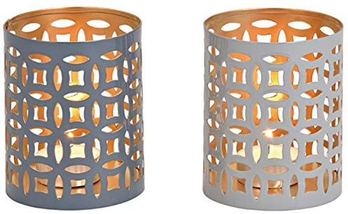 2er-Set Windlichter mit stilvollen Muster aus Metall 2-Fach Sortiert (grau) Ø 8cm x Höhe 10cm – Teelichthalter Kerzenhalter Kerzenständer Tischdeko Geschenkidee