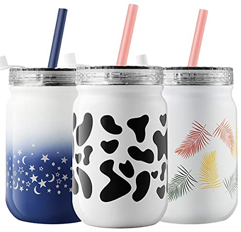 Murmioo, Tasse mit Strohhalm, wiederverwendbare Kaffeetasse, doppelwandig, Vakuum-Lebensmittelbehälter, Reisebecher mit Strohhalm und Schraubverschluss, für Smoothie/Salat, 400 ml, Kuhfarbe