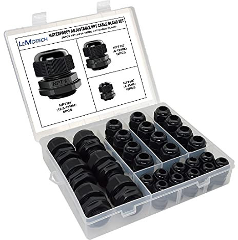 LeMotech 28 Pack NPT 1/4 1/2 3/4 Cable Glands Kit Waterproof Adjustable 4-18mm Cable Connectors Black Nylon Joints with Gaskets in PP Box