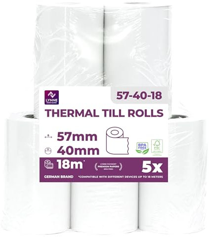 Ec-Cash Thermorollen 57mm x 18m x 12mm - Kassenrollen - Thermopapier - Bonrollen für Bankomat - Kredit-Kartenlesegeräte (57x40x12) (5 Rollen)