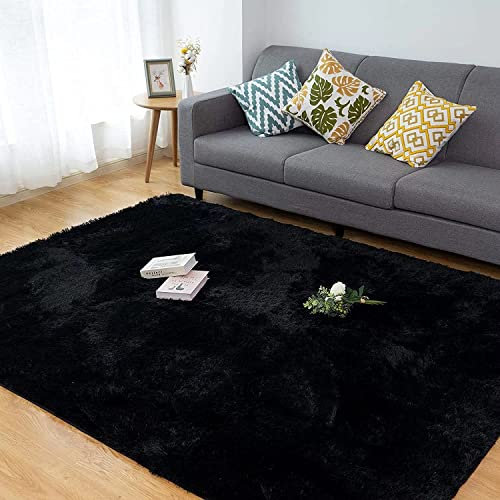 CHOSHOME Teppich Wohnzimmer Weich Shaggy Schlafzimmer Teppich Wohnzimmer Anti-Rutsch Unterseite Teppiche Flauschiger Moderner Teppiche Shaggy Hochflor Läufer 90x150CM Schwarz