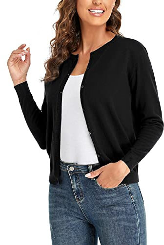 CUNYI Women’s Cardigan Long Sleeve Sweater Lightweight Classic Crew Neck Ladies Coat with Buttons Casual Open Front Elegant Outerwear, Black L