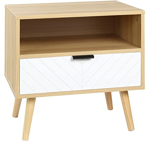 HOMCOM Table de Chevet avec tiroir Niche Style scandinave Panneau de Particules Pieds en Bois Massif 50 x 39,5 x 49,5 cm Motif Chevrons