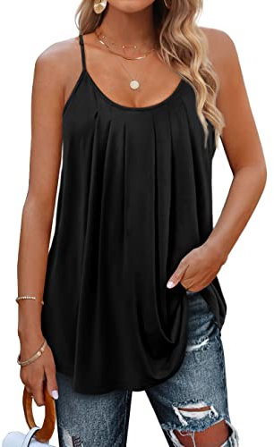 Minetom Damen Spaghetti Top Sommer Locker Tunika Ärmellose Oberteile Spaghettiträger Tank Tops Plissierte Vorderseite Ohne Ärmel Elegant Lose T-Shirt Bluse mit Plissee B Schwarz L