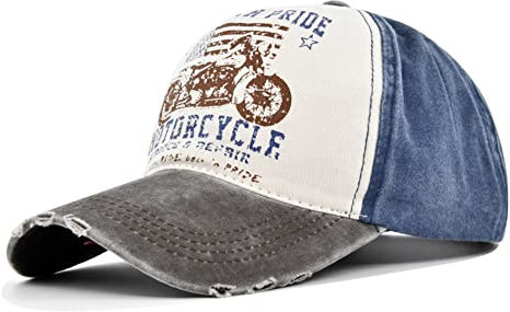 YULOONG Vintage Baseball Cap Washed Denim Trucker Cap Motorrad Print Muster Outdoor Sonnenhut 100% Baumwolle für Herren Damen A