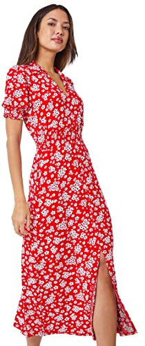 Roman Women Shirred Waist Dress Ladies Spring Everyday Summer Holiday V-Neckline Comfy 3/4 Sleeve Soft Tassle Detail Frock Vacation Gowns Chiffon Maxi Midi Wrap