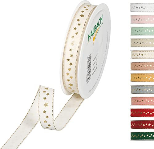 Halbach Seidenbänder Weihnachtsband 15 mm x 18 m Geschenkband für Weihnachten zum Einpacken von Geschenken, Schleifenband mit Sternen in Gold bedruckt und Lurexkanten, Farbe: Creme