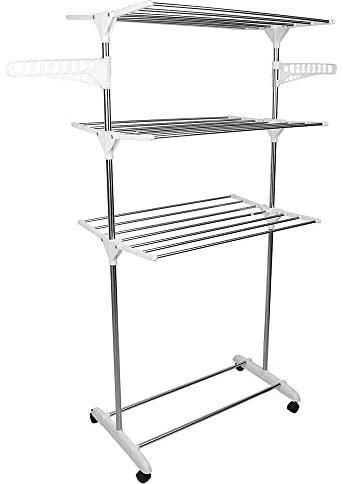 THINFAR - Secador de lavandería vertical y extensible de 4 niveles, con ruedas, de acero inoxidable, perfecto para uso en exteriores en balcones o interiores, 75 x 44 x 158 cm, acero inoxidable/blanco