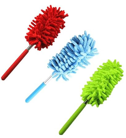 Labstandard Plumeau Poussière Microfibre avec Tige télescopique pour éliminer la poussière et Les Taches sur Les fenêtres et Les Meubles Plumeau à Poussière Lavable avec Manche (Vert+Rouge+Bleu)