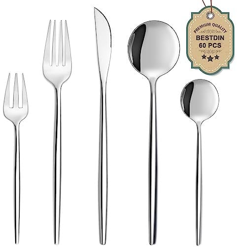 Bestdin Juego de cubiertos para 12 personas, 60 piezas, de acero inoxidable, con cuchillo, tenedor, cuchara, acero inoxidable, apto para lavavajillas.