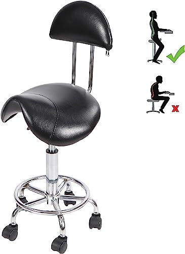 REDCAMP Rolling Saddle Stool with Back Support,Ergonomic Swivel Saddel Chair Hydraulic Adjustable Stool for Dentist Spa Massage Salon Hairdressers,Black