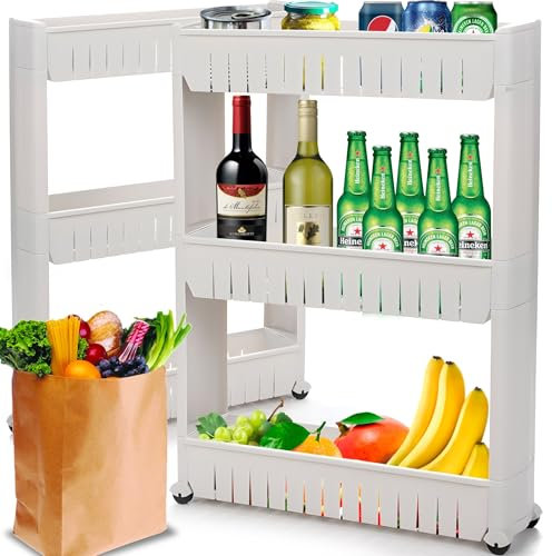 Retoo Carrito con ruedas con 3 niveles, carrito de cocina, plástico, estrecho, universal, estantería con ruedas, ahorra espacio, estantería de baño y estante de cocina, estantería con ruedas para