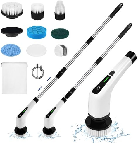Spazzola Rotante Pulizia Casa 2 Velocità Spazzola Elettrica Rotante per Pulizia Senza Fili Schermo LED Scrubber Elettrico con 7 Testine sostituibili & Estensione Regolabile per Bagno Cucina Auto Vasca