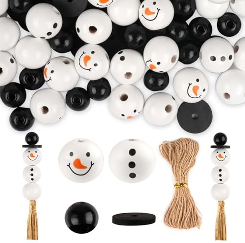 WINKIO 120 Stück Weihnachten Holzperlen Natur, 20mm Schneemann Holzkugeln mit Hanfseil, Deko Weihnachten Holzperlen mit Gesicht für Weihnachten Deko, DIY-Basteldekoration, Winter-Dekorationen