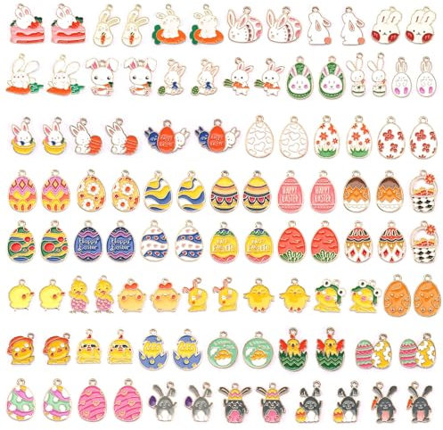 SANNIX 110 Stück/55 Paar Gold Emaille Ostern Charms für Schmuckherstellung Häschen Anhänger Charms für DIY Basteln, Zink, Kein Edelstein