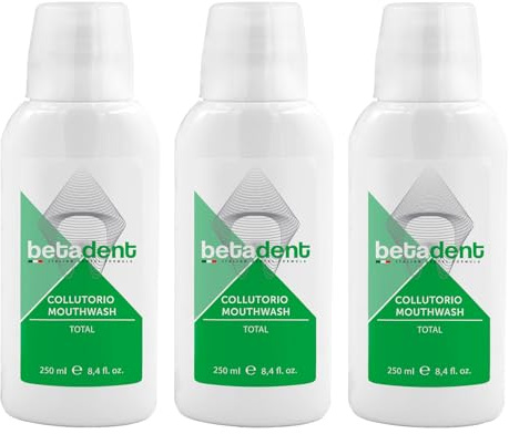 Betadent Set mit 3 Mundspülungen, Gesamtwirkung gegen Plaque, Zahnstein, Karies, Mundgeruch, Zahnfleischentzündung. Natürliche Inhaltsstoffe, maximale Wirksamkeit, frischer Atem, 3 x 250 ml