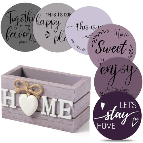 Queekay Housewarming Gifts for Home Decoration Wooden Heart Coasters for Drinks 6 Set Farmhouse Coasters with Holder Funny for Family Coffee Table Protection, 4''(Purple,Home)