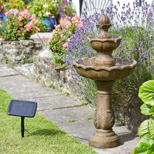 Kingsbury Solar Powered Water Fountain - Stone-Effect 3 Tier Cascading Outdoor Garden Water Feature with Battery Backup & Timer Function for Patio, Decking, Lawn, Yard - Measures H98 x 48cm Diameter
