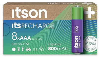 ITSON, batterie ricaricabili AAA, pacco da 8, capacità 800 mAh, imballagio con il 95% di materiali riciclati, Made in Japan, pile ministilo pre-caricate per orologi e telecomandi