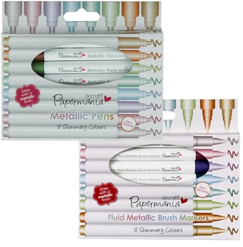 Docrafts Papermaina, Twin Pack Of 8 Shimmery Coloured Bullet Tip & Brush Tip Metallic Pens, Dries With Metallic Finish For Doodling, Borders, Patterns, Craft Projects