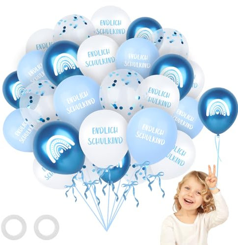 28pcs Einschulung Luftballons Blau Schulstart Deko, 2025 Schuleinführung Schulstart Party Dekoration mit Konfetti Luftballons, Schulkind Farbmix Latex Bunt Ballons für Schulanfang Jungen Mädchen