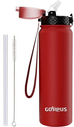 GOPPUS Botella Agua Acero Inoxidable 1L/32oz con Pajita Botellas Aisladas Doble pared Termo Reutilizable al vacío a Prueba Fugas Metal Botella Deportiva Gimnasio Fría para Hombres y Mujeres