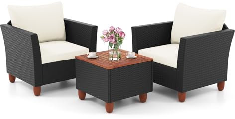 SFAREST 3 Pieces Rattan Bistro Set, Garden Furniture Set with Acacia Wood Storage Table & 4 Removable Cushions, Outdoor Wicker Conversation Table Chairs Set for Patio Poolside Balcony (White)