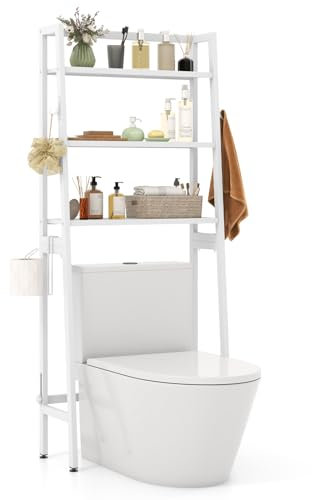 COSTWAY Over Toilet Storage Unit, 3-Tier Freestanding Bathroom Shelf Space Saver Organizer with Toilet Paper Holder, 2 Hooks and Adjustable Bottom Bar, Metal Frame Over The Toilet Storage Rack (White)