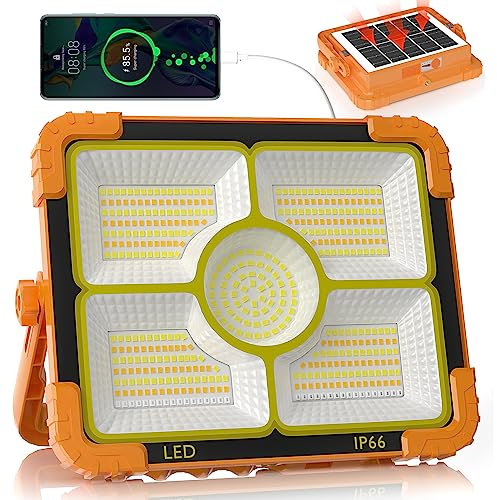 100W Baustrahler Akku Solar Arbeitsleuchte, 466 LED 5 Modi, 12000mAh Akku Arbeitsleuchte USB-wiederaufladbar, IP66 wasserdicht Campinglampe Tragbar im Freien für Notfälle, Baustelle, Camping, Garage