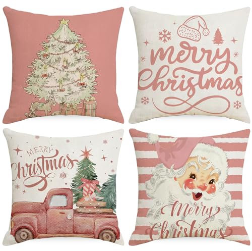 Bseical Weihnachtskissen Kissenbezug Weihnachten Kissenbezug Weihnachtsdeko Innen Rentier Deko Weihnachtskissenbezug Winter 4 Stück Decoration Leinen Kissenhülle Weihnachten (A(50 x 50 cm, 4 Stück))
