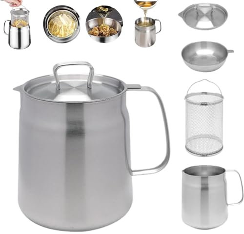 Olla coladora de aceite multifuncional de acero inoxidable 304 2 en 1, combo de mini freidora de aceite y taza de filtro de cocina (2L) (Matte 2L,one size)