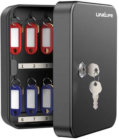Uniclife Armario para llaves de 20 posiciones con cerradura de llave, montado en la pared, caja de almacenamiento de seguridad negra, organizador de llaves de acero con etiquetas coloridas para
